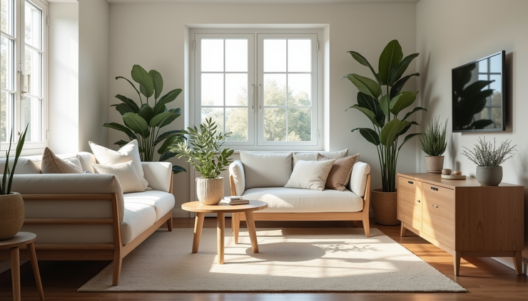 Eye-level view of a neatly arranged living room with balanced furniture and natural light