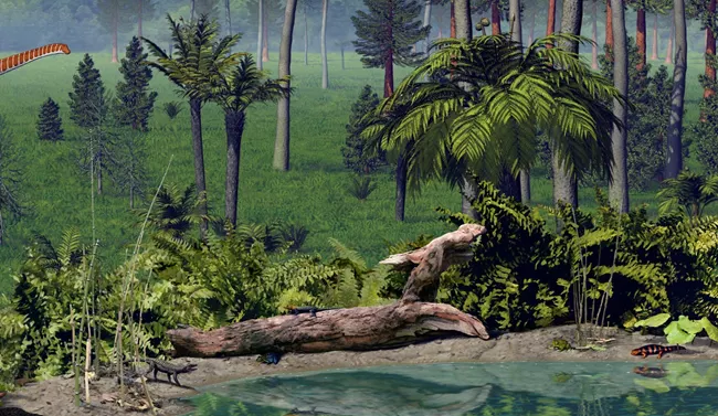 Ilustração da reconstrução da flora da Formação Morrison. Há um pequeno lago com lagartinhos na margem, mas o maior destaque da figura são as plantas. Samambaias rodeiam esse pequeno lago, e atrás, cicadófitas, plantas que lembram palmeiras, e coníferas dominam uma planície.