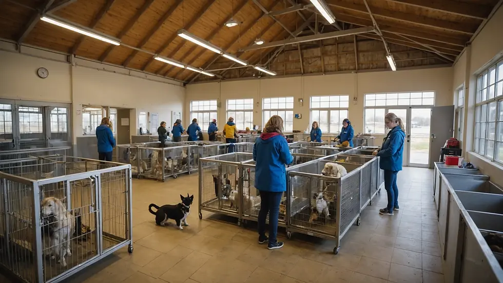Wide angle view of a bustling animal shelter with volunteers helping various animals
