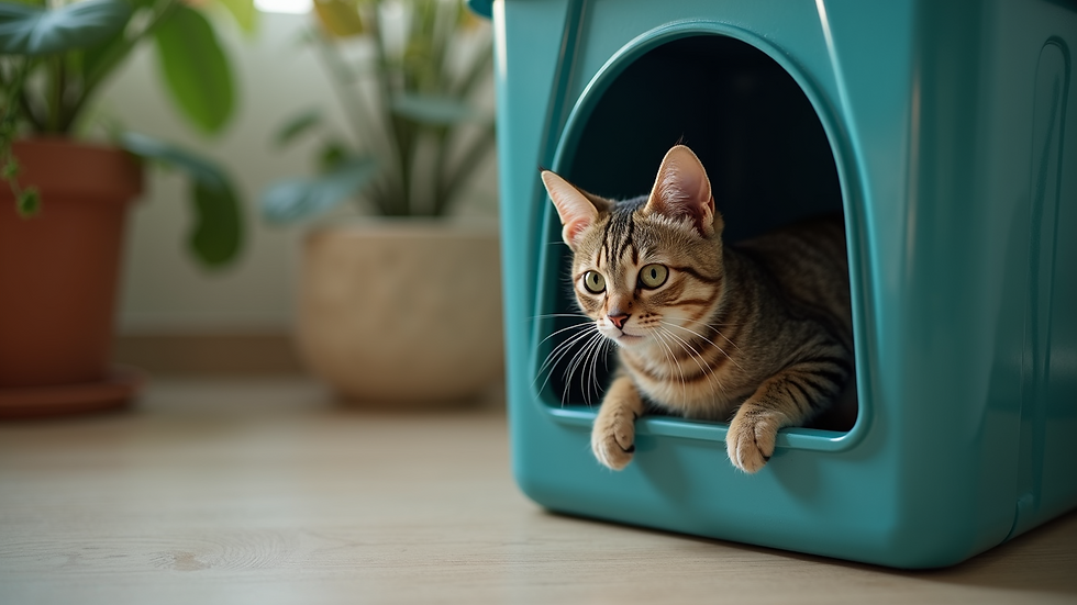 Close-up view of a homemade cat shelter made from a plastic bin