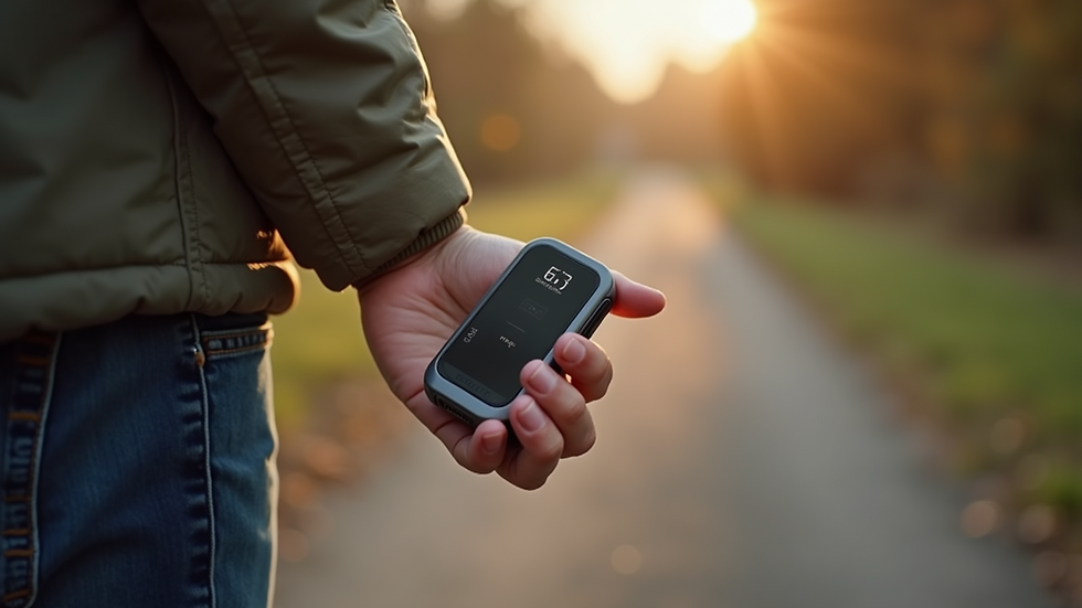 Close-up view of a hand holding a pet GPS tracker