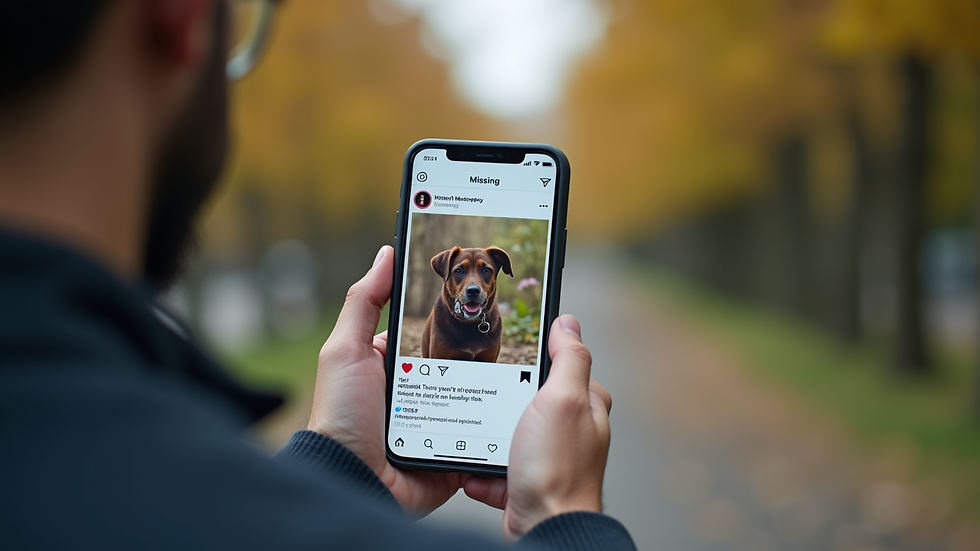 Eye-level view of a smartphone displaying a social media post for a missing pet