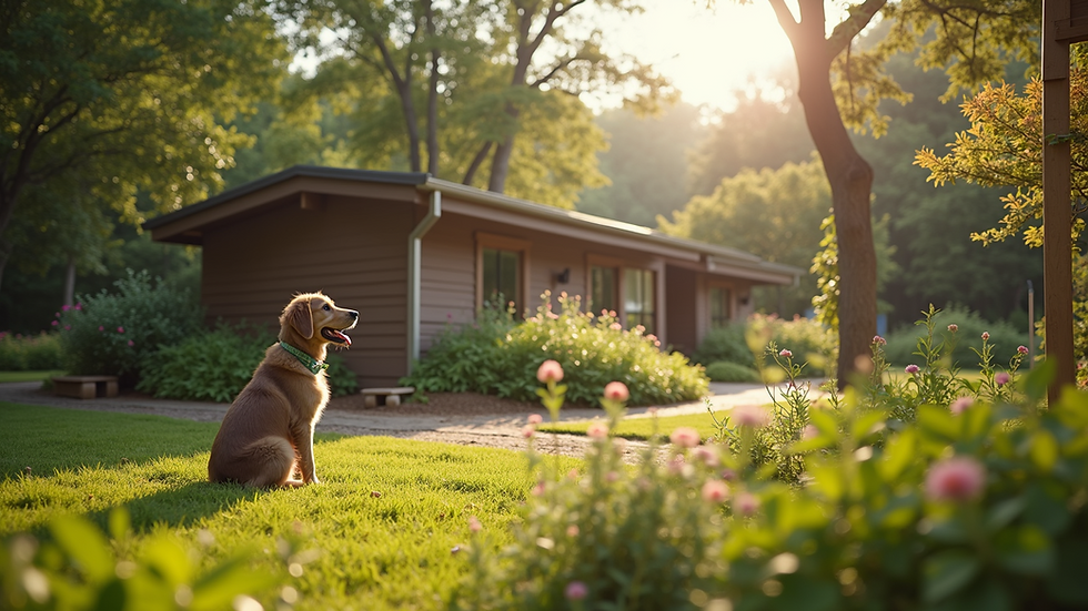 Wide angle view of a serene animal shelter garden