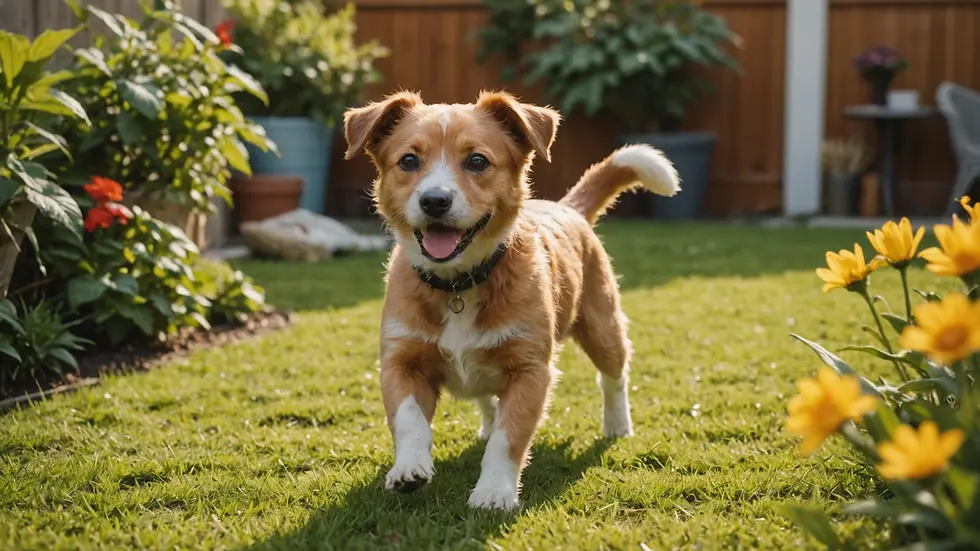 High angle view of a playful terrier mix happily exploring a backyard