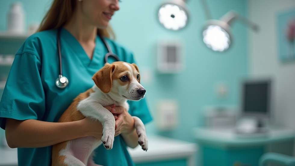 High angle view of a veterinarian holding a small dog at a clinic