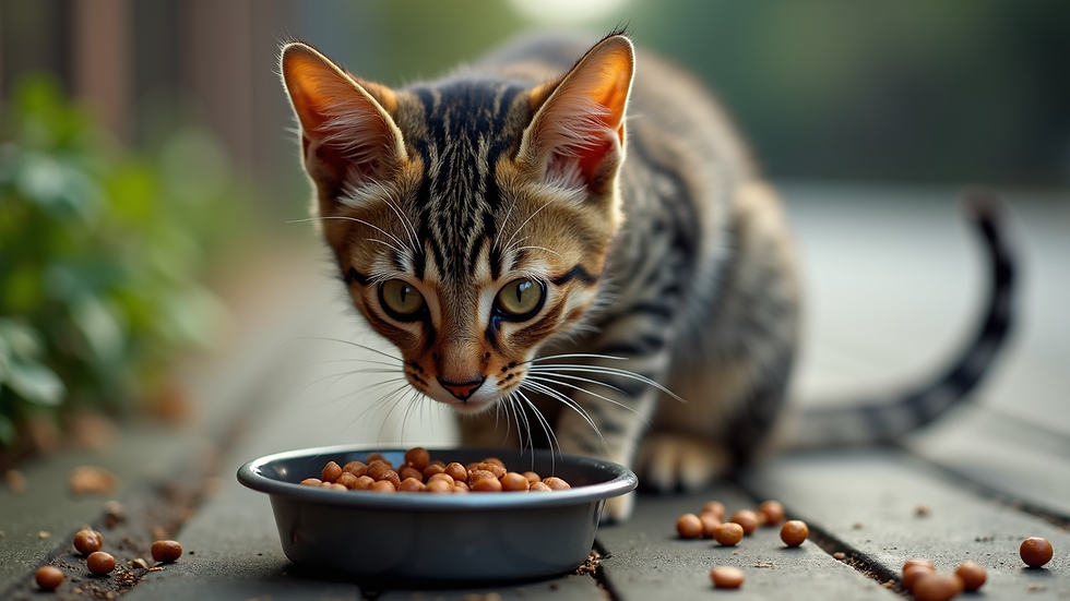 High angle view of a stray cat eating from a bowl outdoors