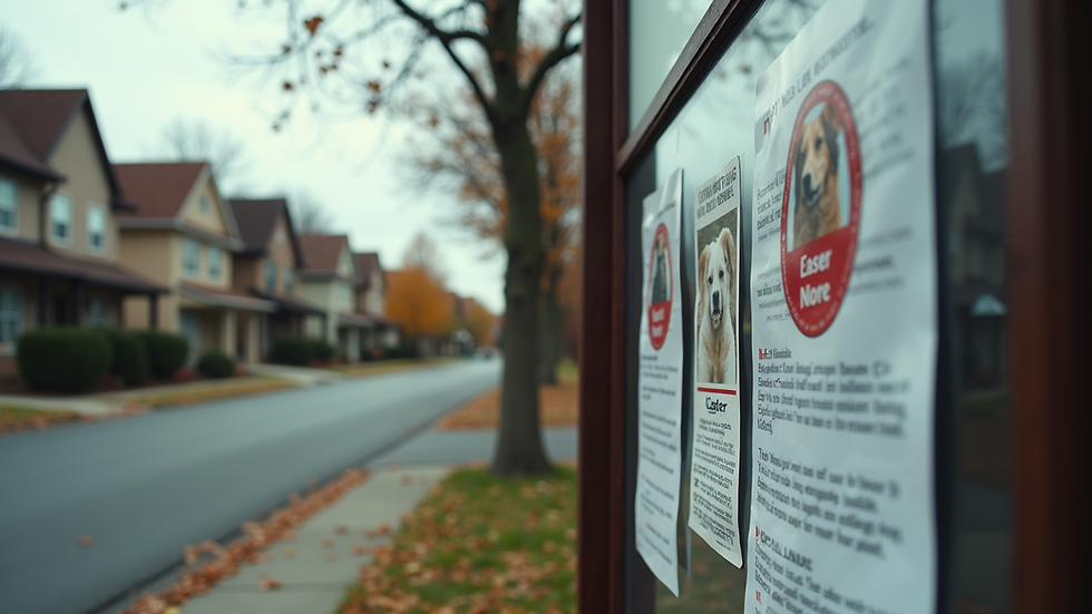 Eye-level view of a neighborhood street with lost pet flyers on a bulletin board