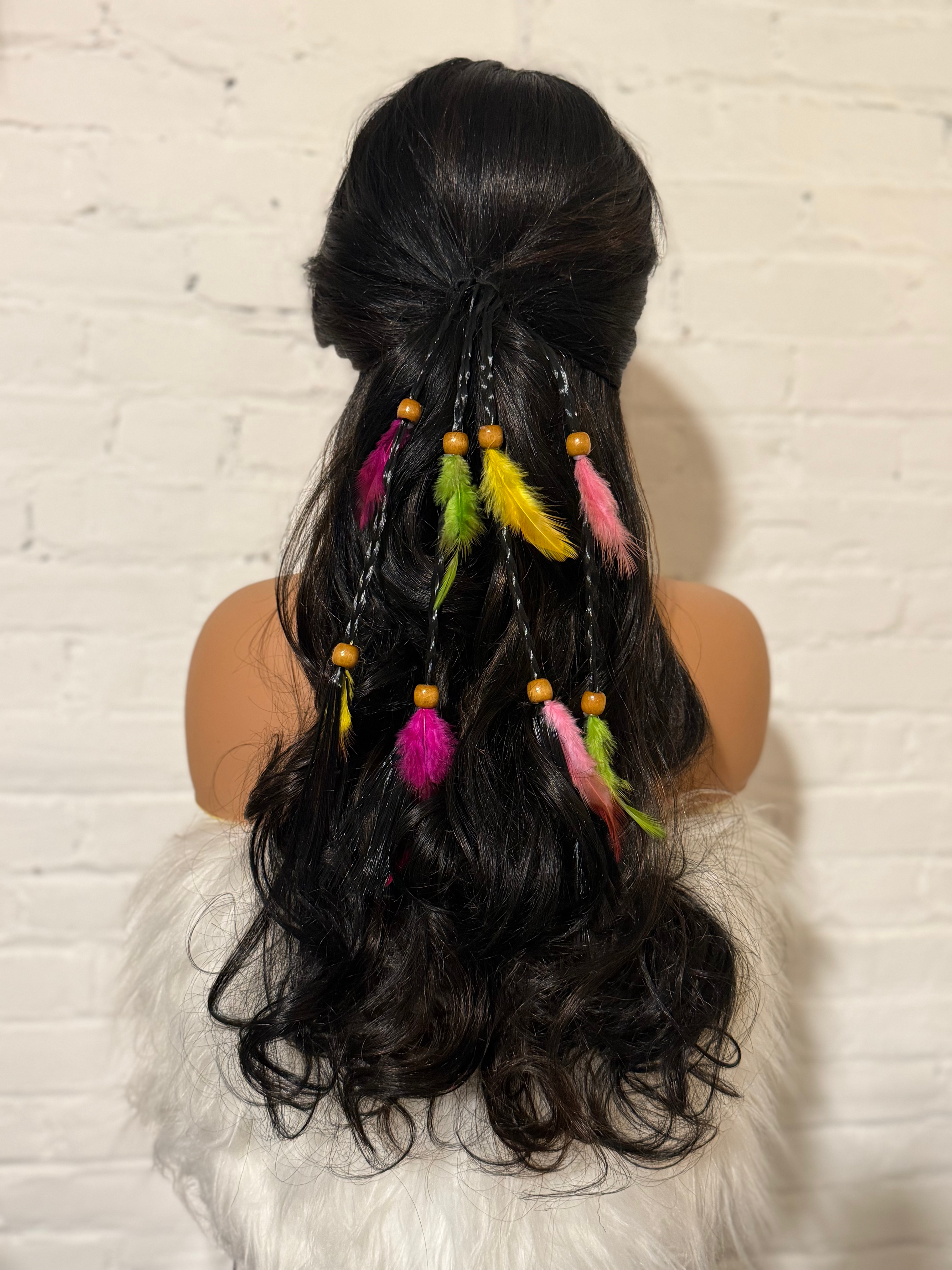 Black Braided Multi-Colored Feathered Hair Tie
