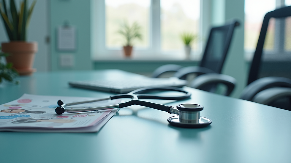 High angle view of medical office with a stethoscope and hair care brochures