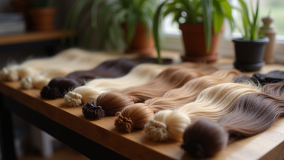Close-up view of a variety of hair extension types displayed on a table