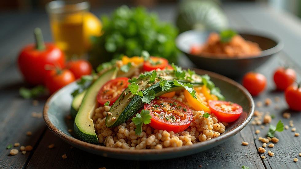 Eye-level view of a healthy meal with colorful vegetables and grains