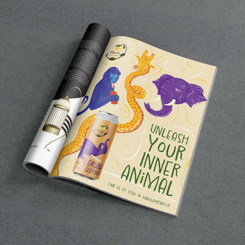A magazine mockup with an eye-catching print ad of a craft beer can entwined with illustrations of animals, showcasing intricate details and lively colors.
