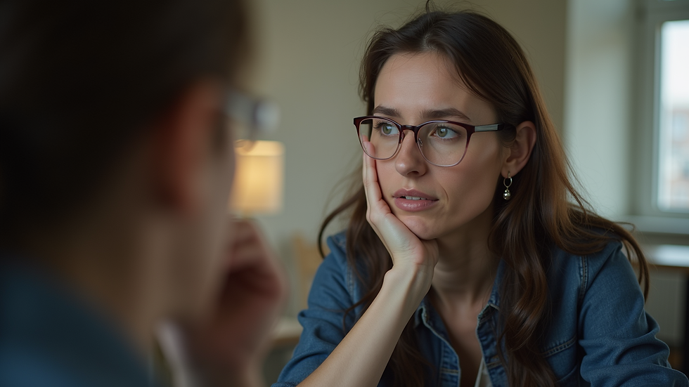 Eye-level view of a person engaged in a thoughtful conversation