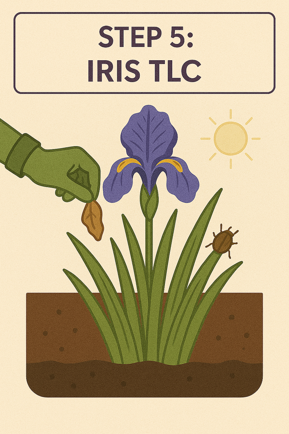 Gloved hand tending purple iris, removing dead leaf. Sun shines in background. Text: Step 5: Iris TLC. Mood is calm and nurturing.