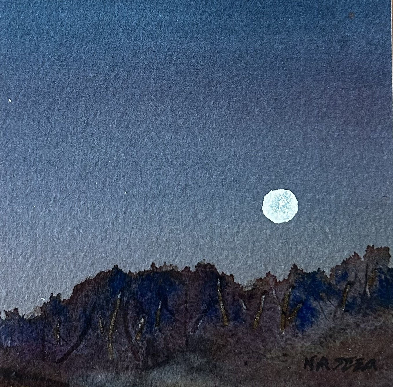 Original Watercolor On Wood Block, Moonlight