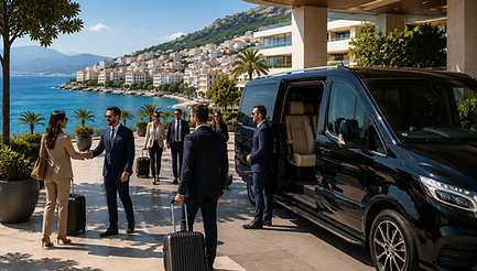 VIP airport transfers and corporate ground logistics in Albania. Business executives are greeted by a private chauffeur next