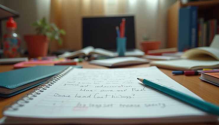 Eye-level view of a child’s cluttered study desk with scattered school supplies and a half-finished homework notebook