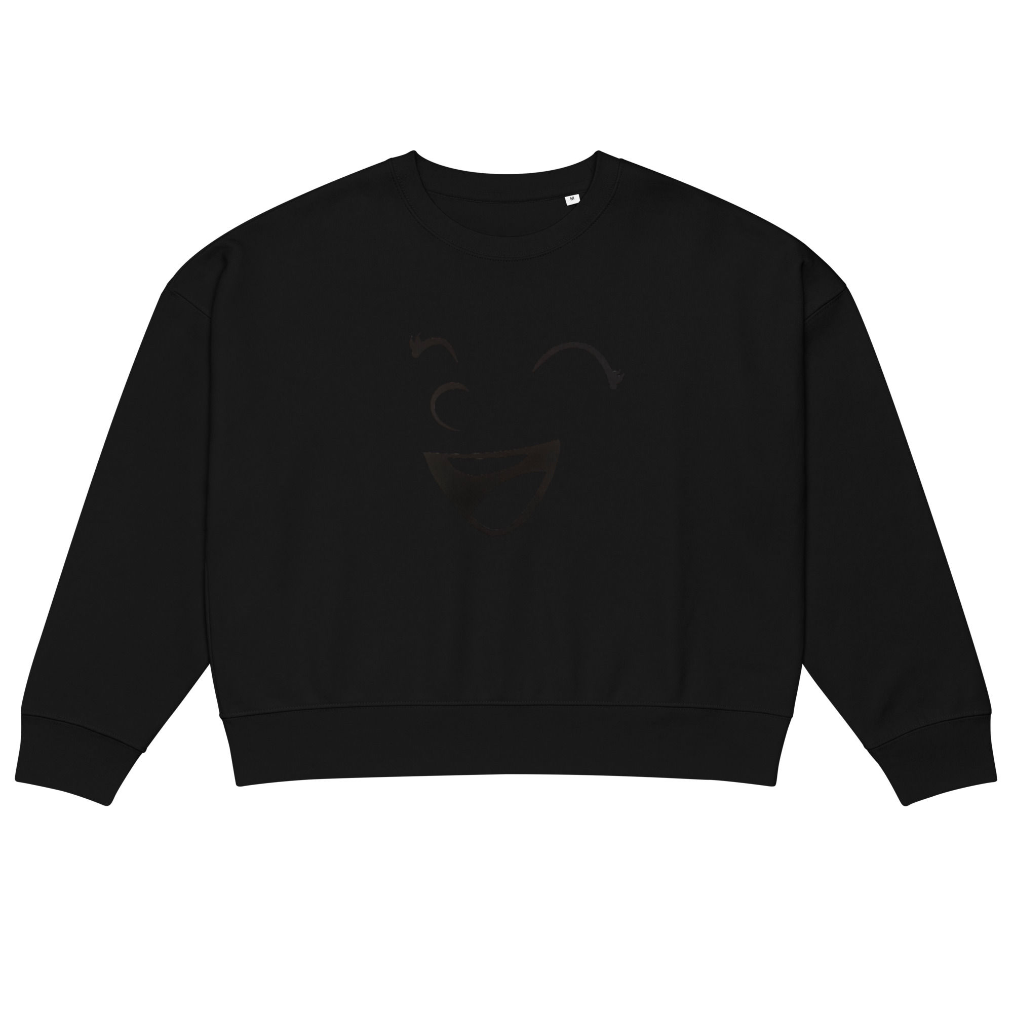 Black sweatshirt with a smiley face logo. Trendy Troves World LLC