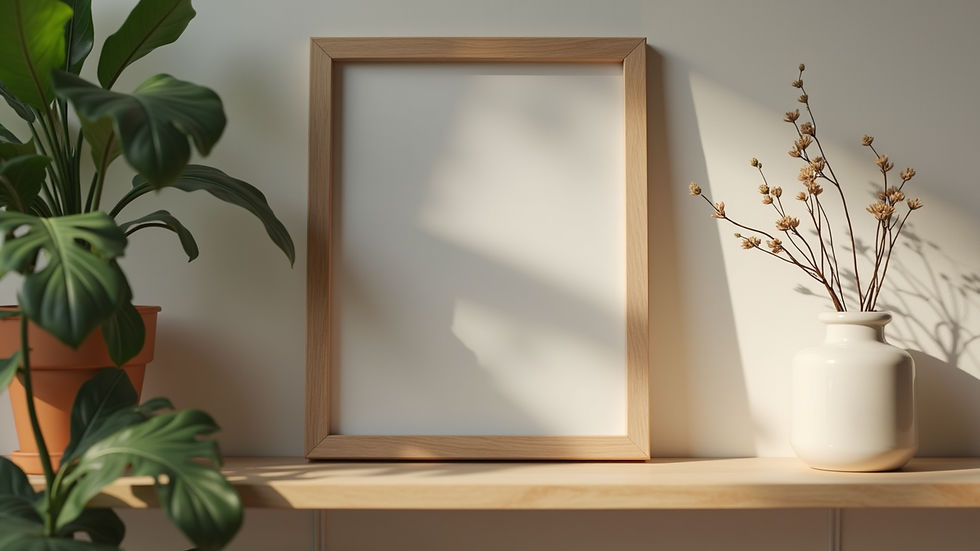Close-up of a personalized photo frame on a wooden shelf
