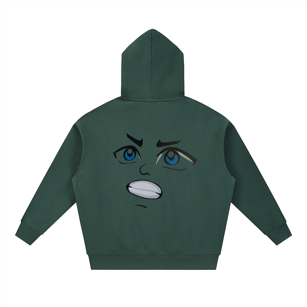 Green hoodie with a cartoon face on the back. Trendy Troves World LLC