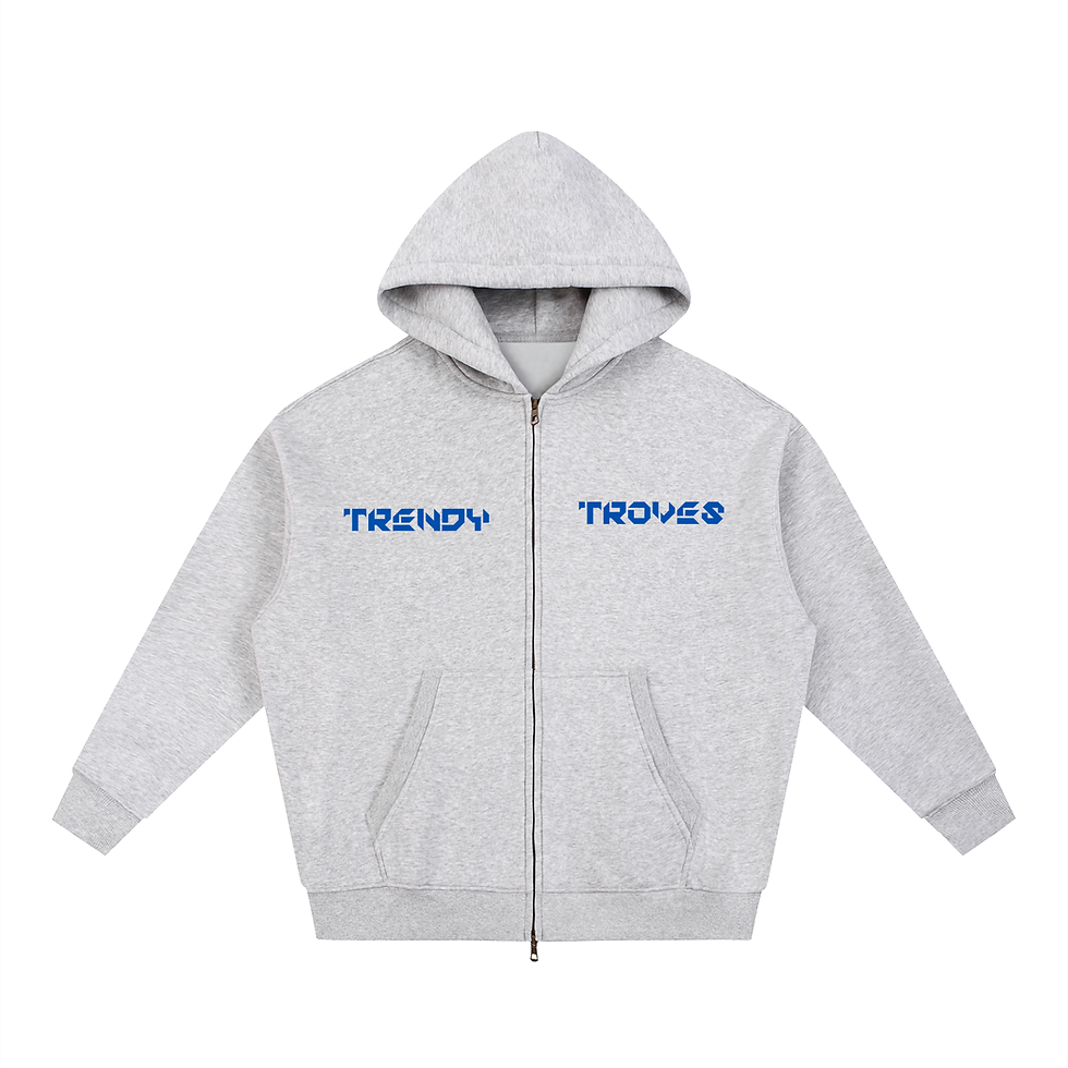 Thumbnail: Trendy Troves zip-up hoodie, with blue Trendy Troves text. Trendy Troves World LLC