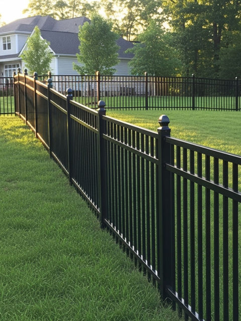 Completed aluminum fence on a sloped property with a "PRO Fence Co. Wilmington" sign visible - how to install aluminum fence on a slope
