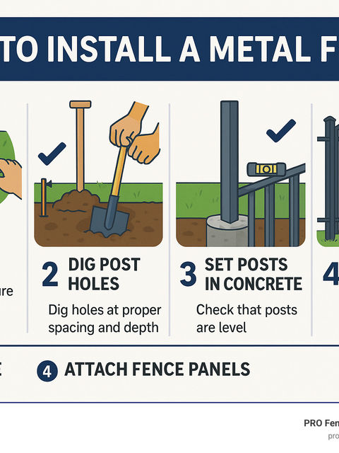 Infographic showing the step-by-step metal fence installation process, including planning and measuring, digging post holes with proper spacing and depth, setting posts in concrete with level verification, attaching panels with brackets, and final gate installation with maintenance tips - how to install a metal fence infographic