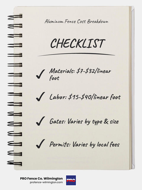 Infographic showing aluminum fence installation cost breakdown with four main components: materials, labor, gates, and permits, with total project costs ranging from $2,430-6,611 for typical residential installations - average cost to install aluminum fence infographic checklist-notebook