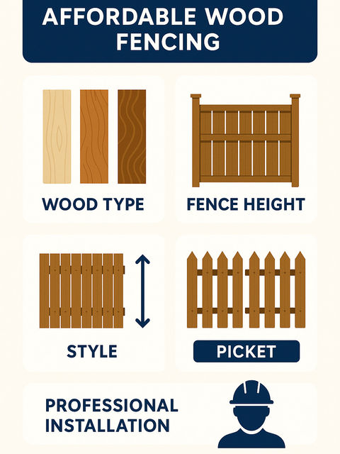 Cost factors for affordable wood fencing including wood type selection, fence height options, style choices like privacy vs picket, and professional installation considerations - affordable wood fencing infographic