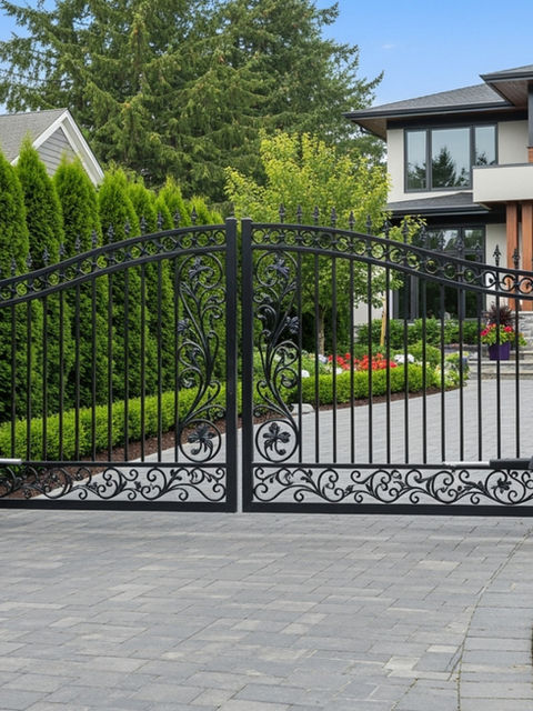 A grand, decorative black aluminum driveway gate with intricate scrollwork and automated opening mechanism stands proudly at the entrance of a modern American home, flanked by stone pillars and manicured landscaping. - cost for aluminum fence