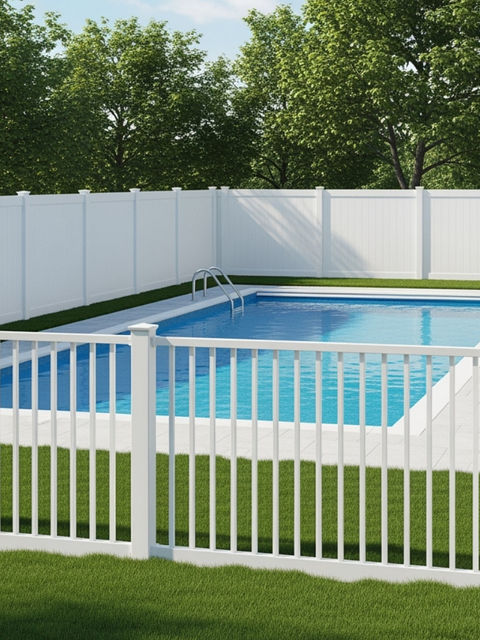A pristine white vinyl privacy fence enclosing a backyard with a pool. - residential privacy walls