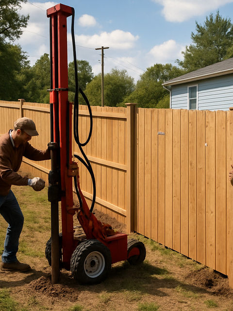 Fence installation on a sloped, uneven yard with workers using specialized equipment - average cost of 6 ft cedar fence