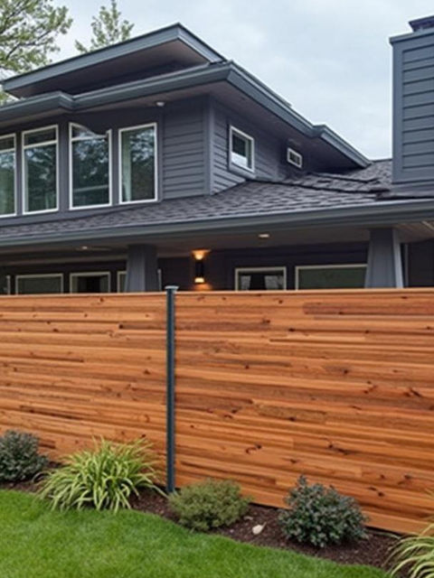 A modern home with a stylish horizontal cedar privacy fence. - residential privacy walls