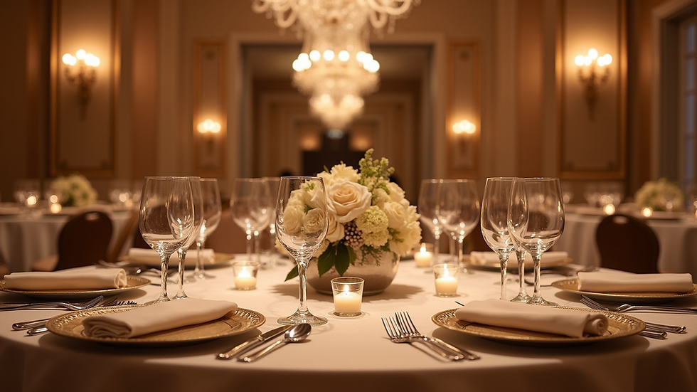 Eye-level view of elegant ballroom setup with luxurious table settings