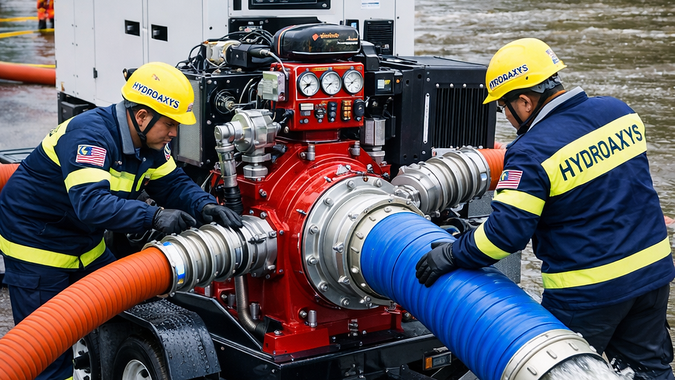Emergency workers operating a powerful water pump