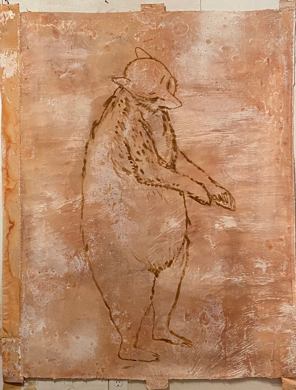 Dean Dass, Bear, 2021. Gouache made from local Indian yellow pigment and acrylic on muslin, 60 x 48″