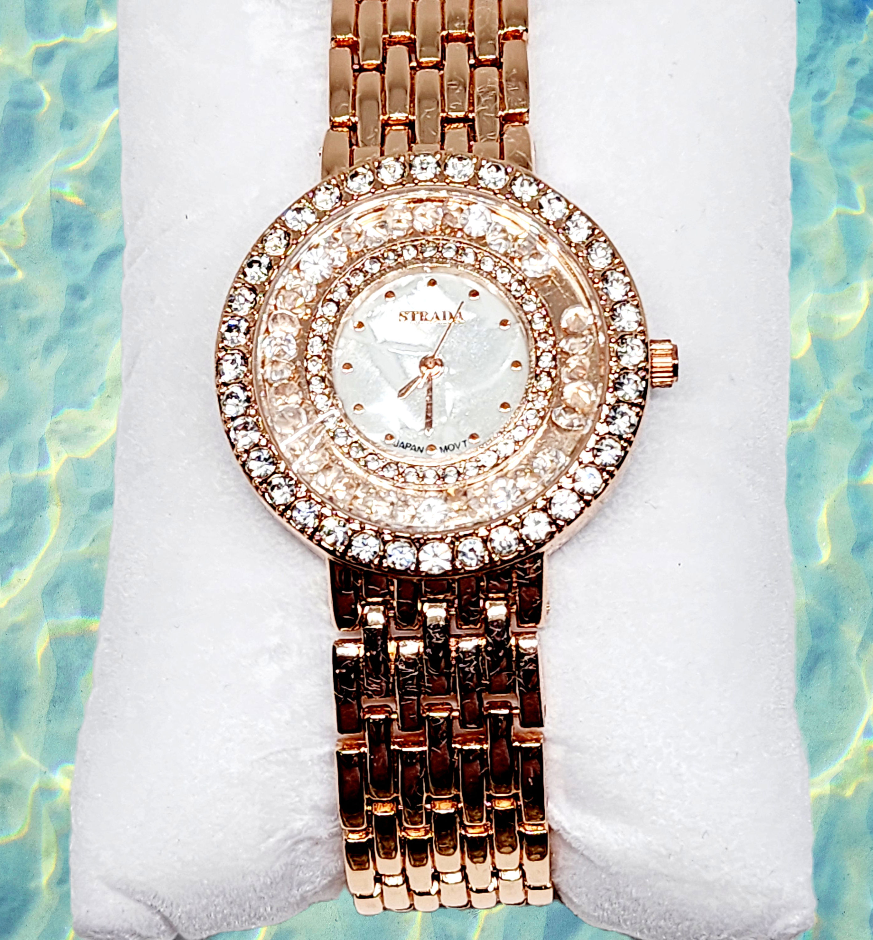 Austrian Crystal and Mother of Pearl bling watch in Rosetone, Japanese mvmt