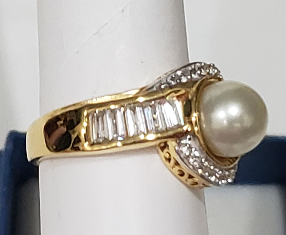 Thumbnail: South Sea golden pearl & Zircon halo ring 8.8mm 14k YG vermeil over 925 SS sz 9