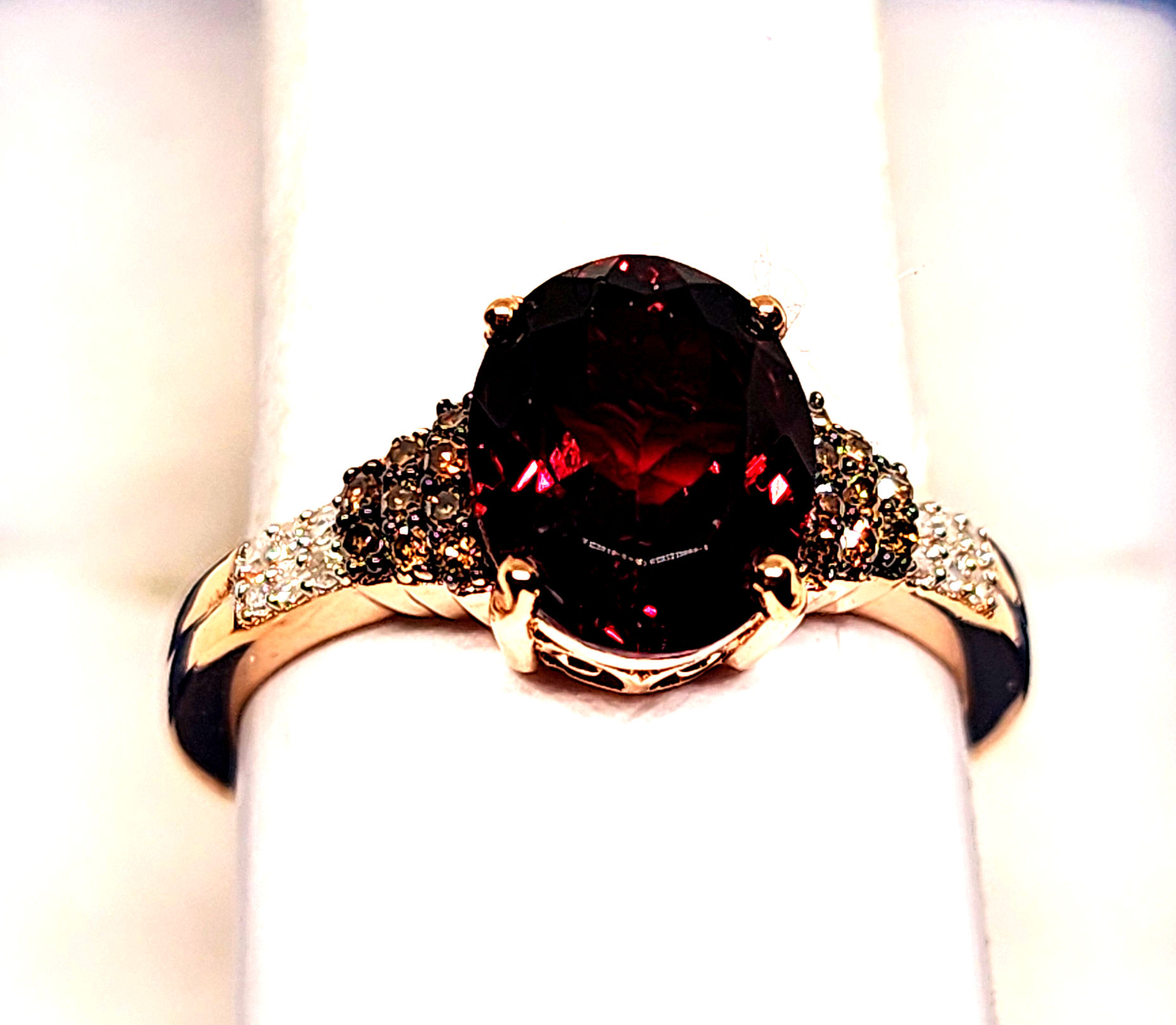 Rhodolite Garnet, Champagne & White diamond ring in 18K RG/925SS sz 9 3.40 tcw