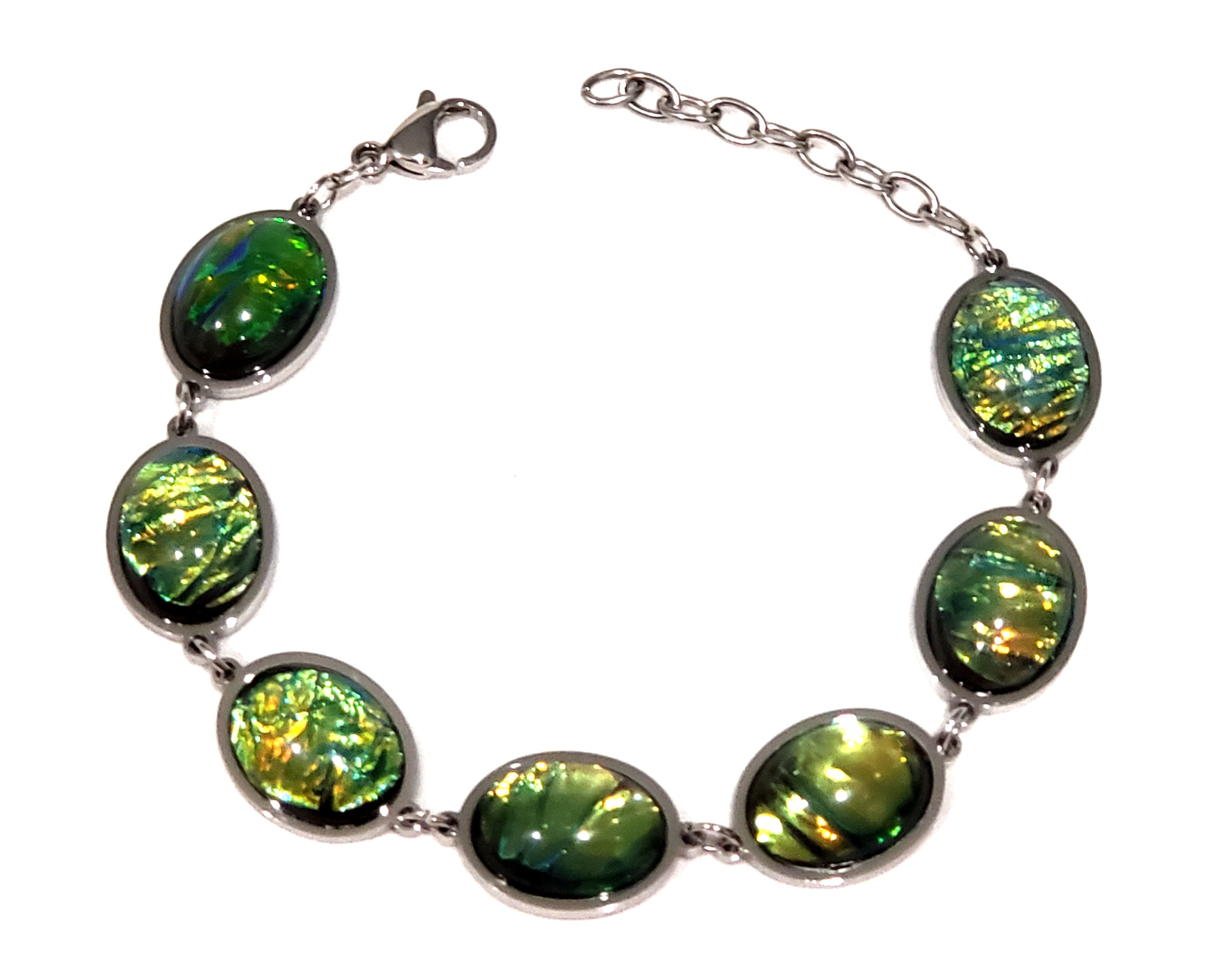 Lab created opal & resin station bracelet (7.5 to 9 in) set in 316L Stainless