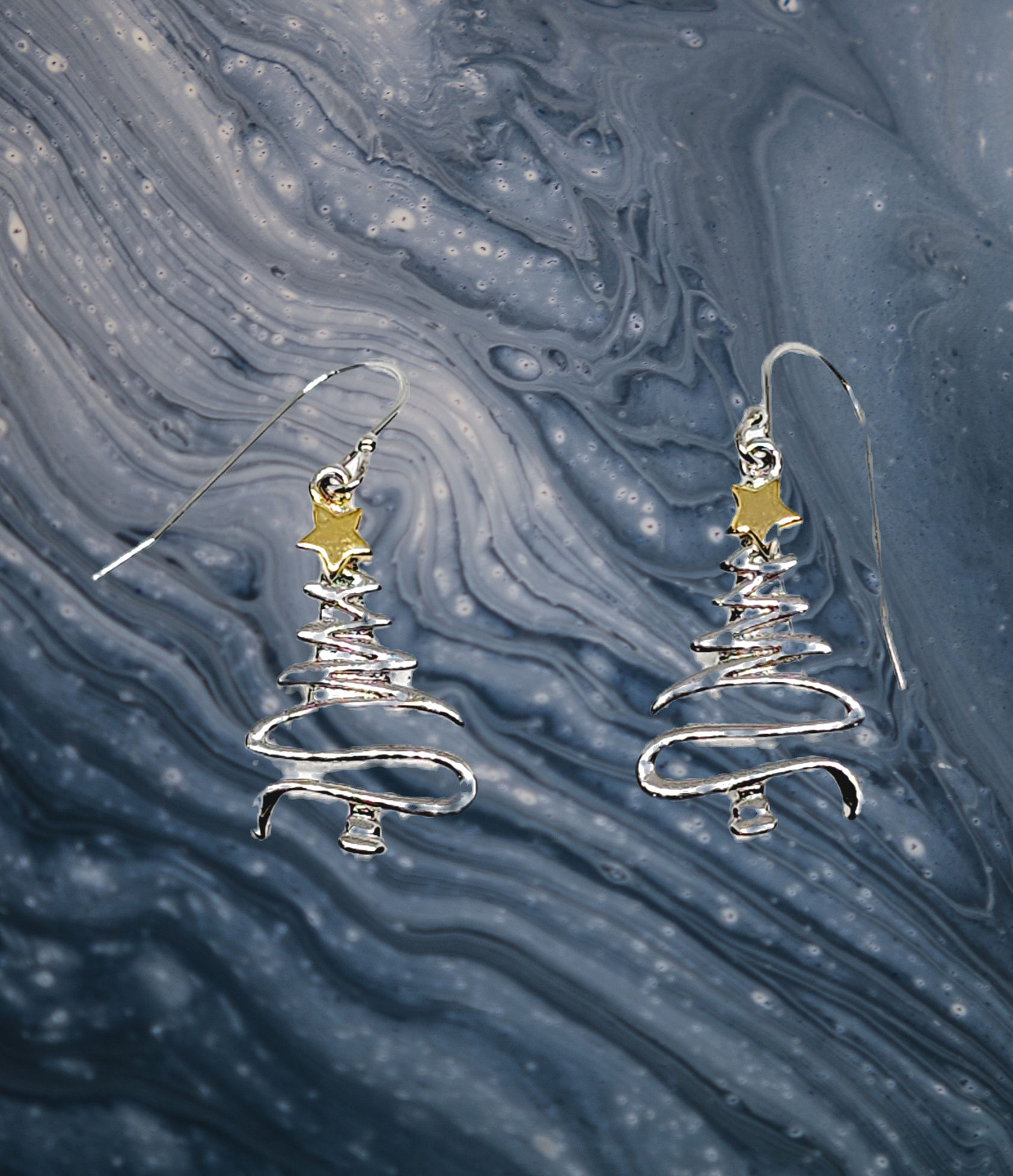 Christmas tree hook earrings in Platinum and Yellow Gold over 925 Sterling