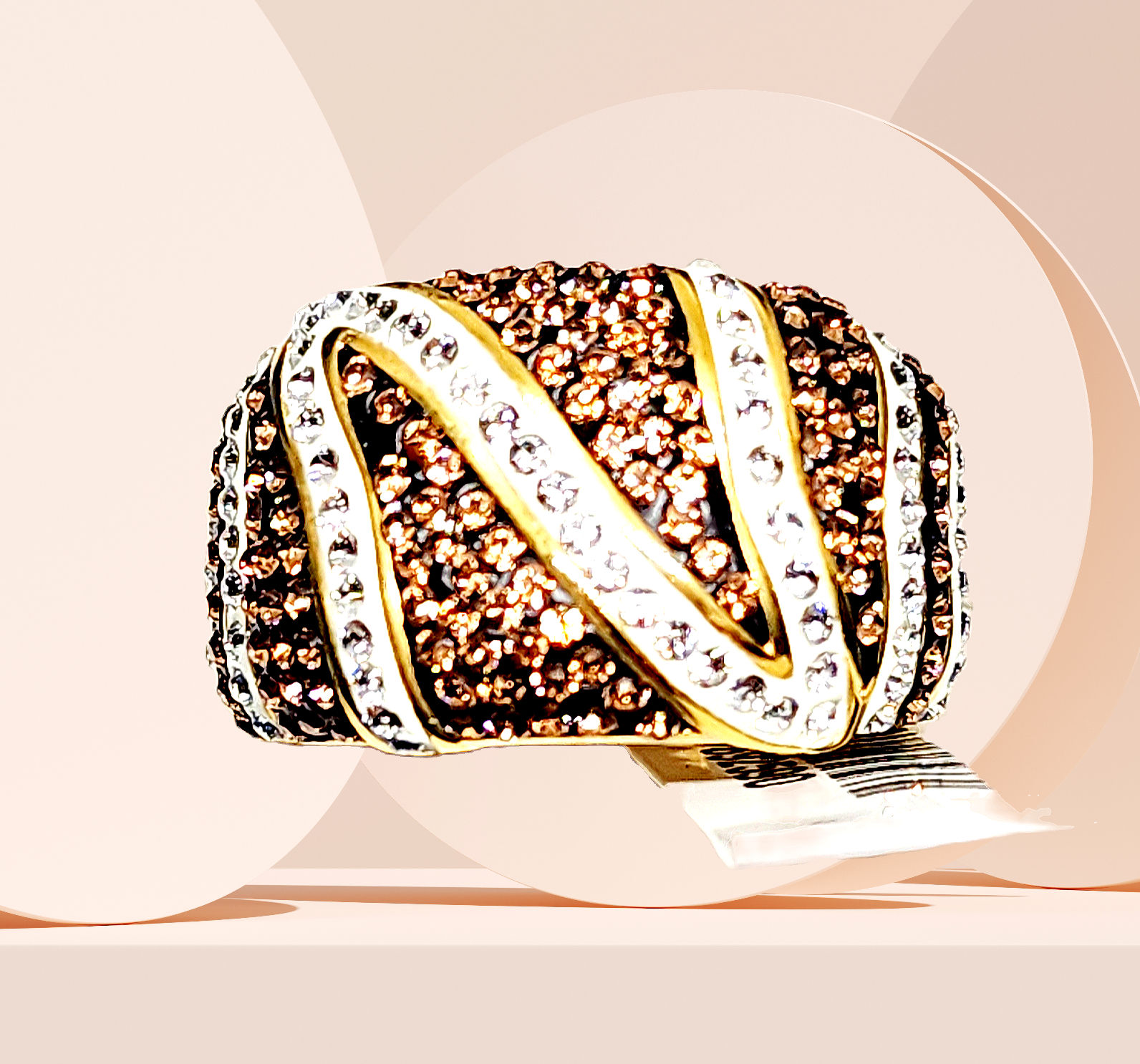 White & Champagne Austrian Crystal cocktail ring in goldtone size 7