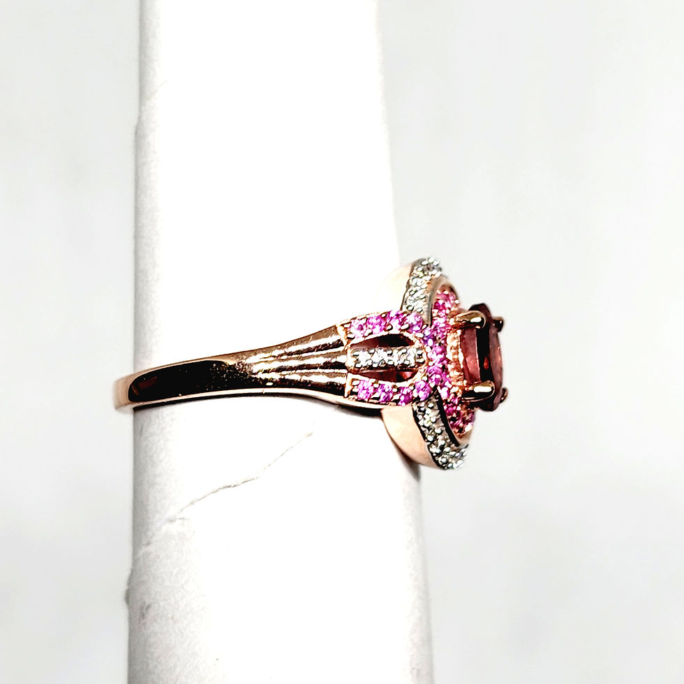 Thumbnail: Rubellite Pink Sapphire & Moissanite Halo ring in 14k Rose Gold over 925 SS sz 5