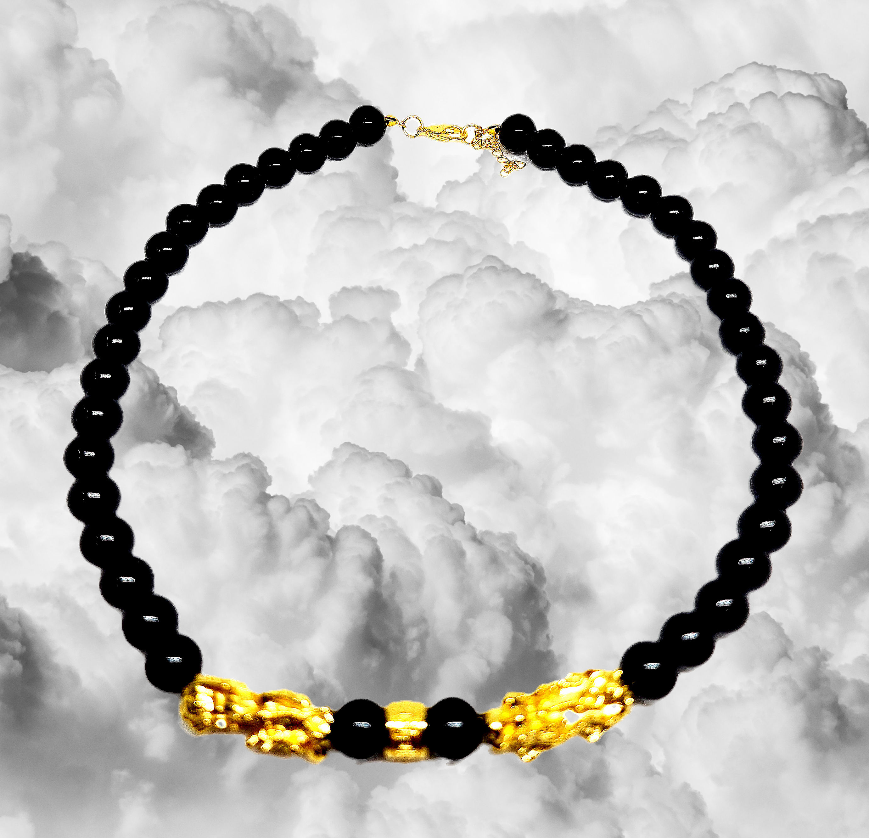 Pixiu beaded black obsidian necklace adj 18-20 inches 325.00 cts goldtone