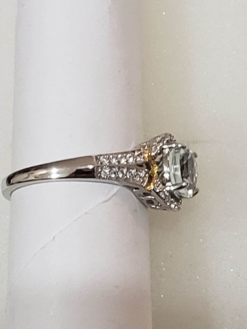 Thumbnail: Goshenite & White Zircon halo ring in 14k Yellow Gold and Plat over 925 SS sz 7