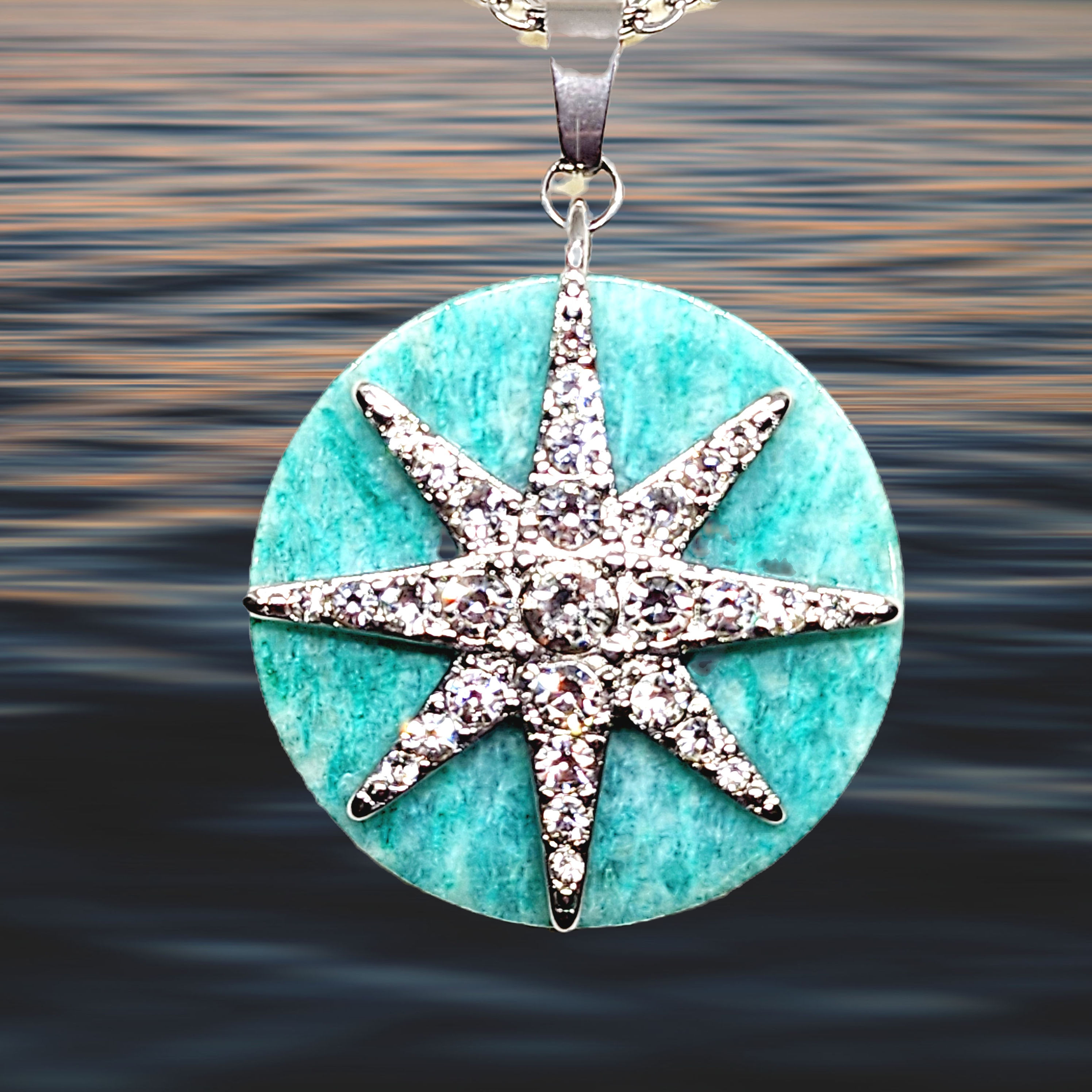 Amazonite & White Crystal pendant necklace 20" in 316L Surgical Stainless 10 ct
