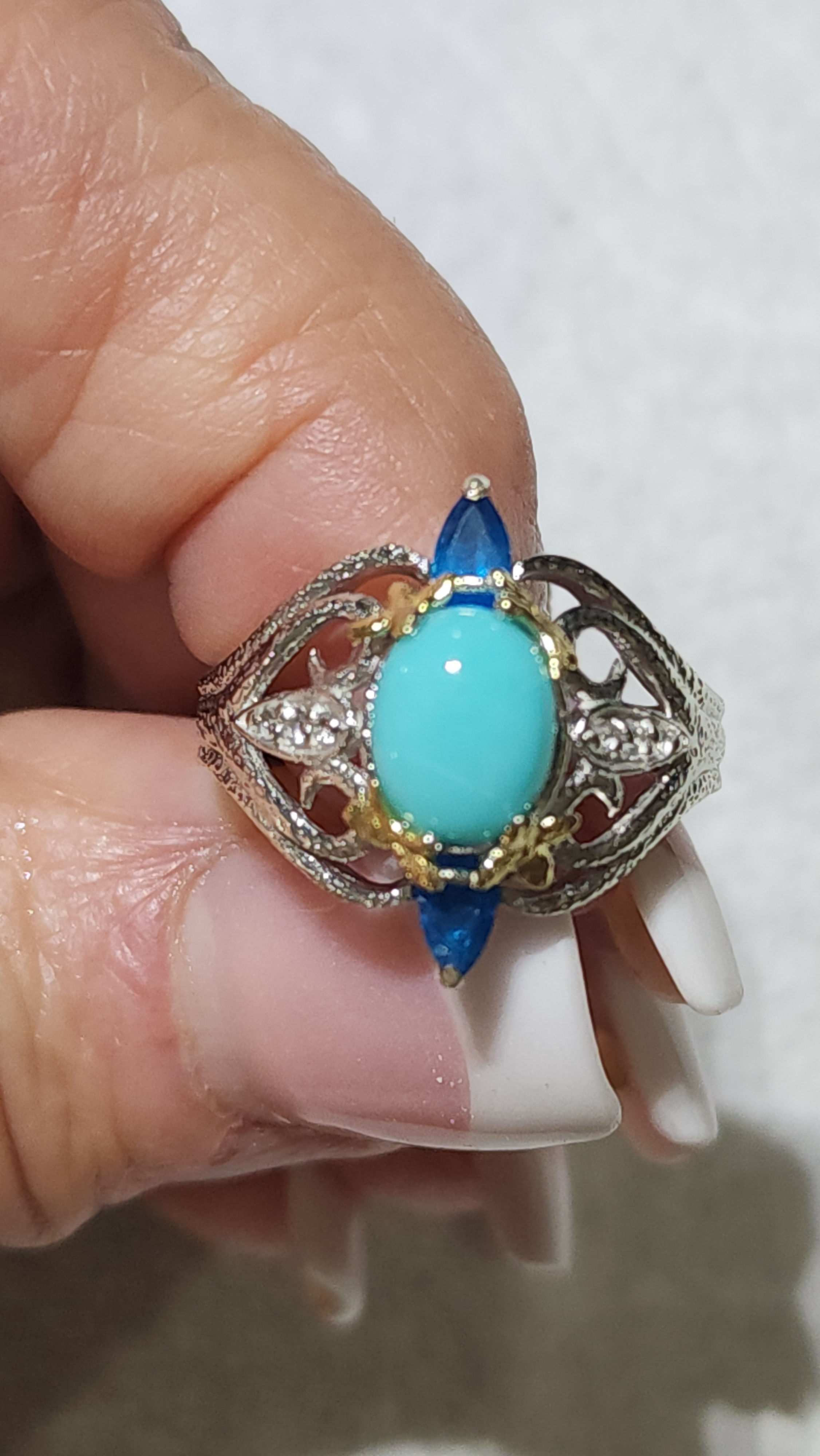 Arizona Sleeping Beauty Turquoise, Neon Apatite & White Topaz ring 1.88 ct sz 7