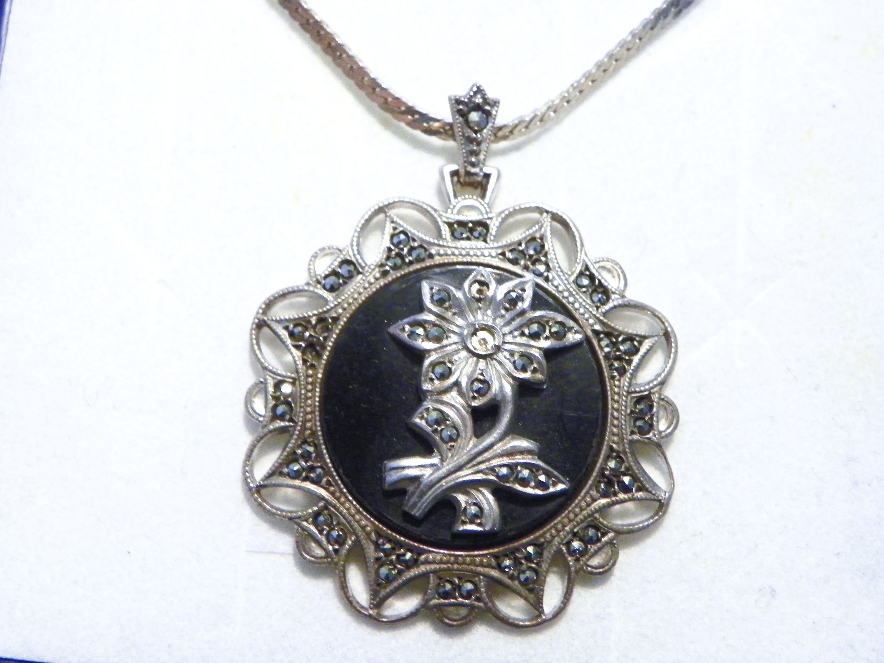 Antique/Vintage KD Silver, Onyx, & Marcasite pendant w/Italian Silver 18" chain