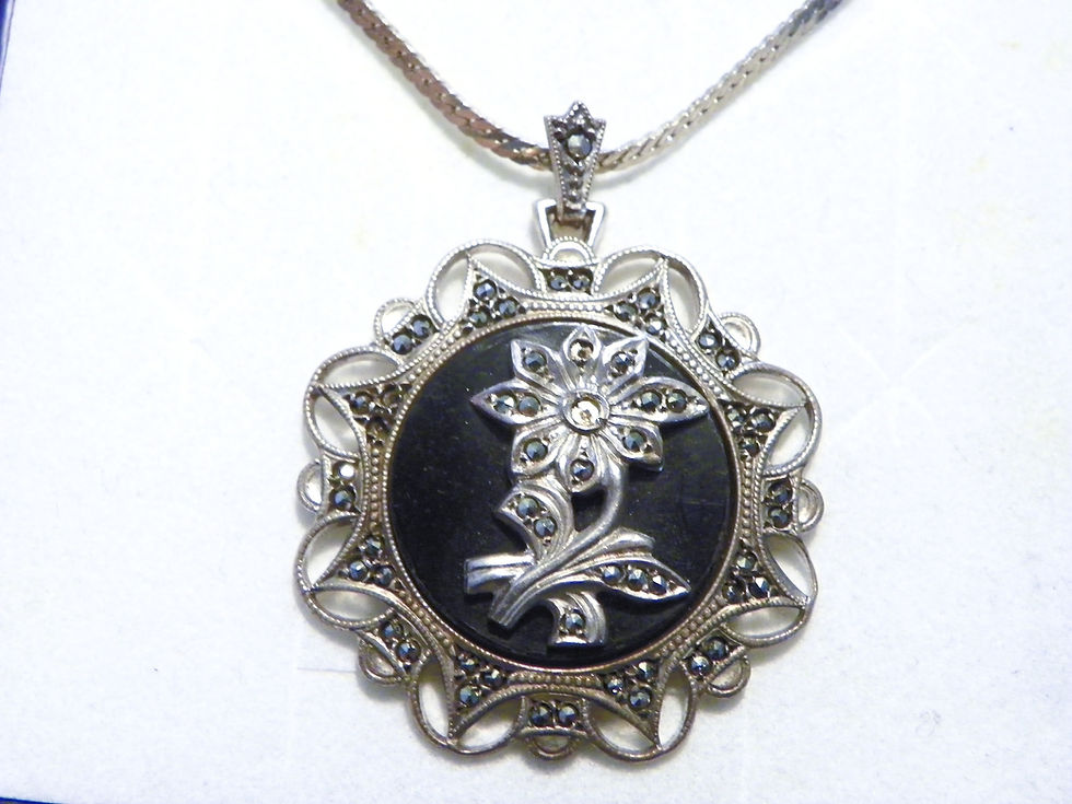 Thumbnail: Antique/Vintage KD Silver, Onyx, & Marcasite pendant w/Italian Silver 18" chain