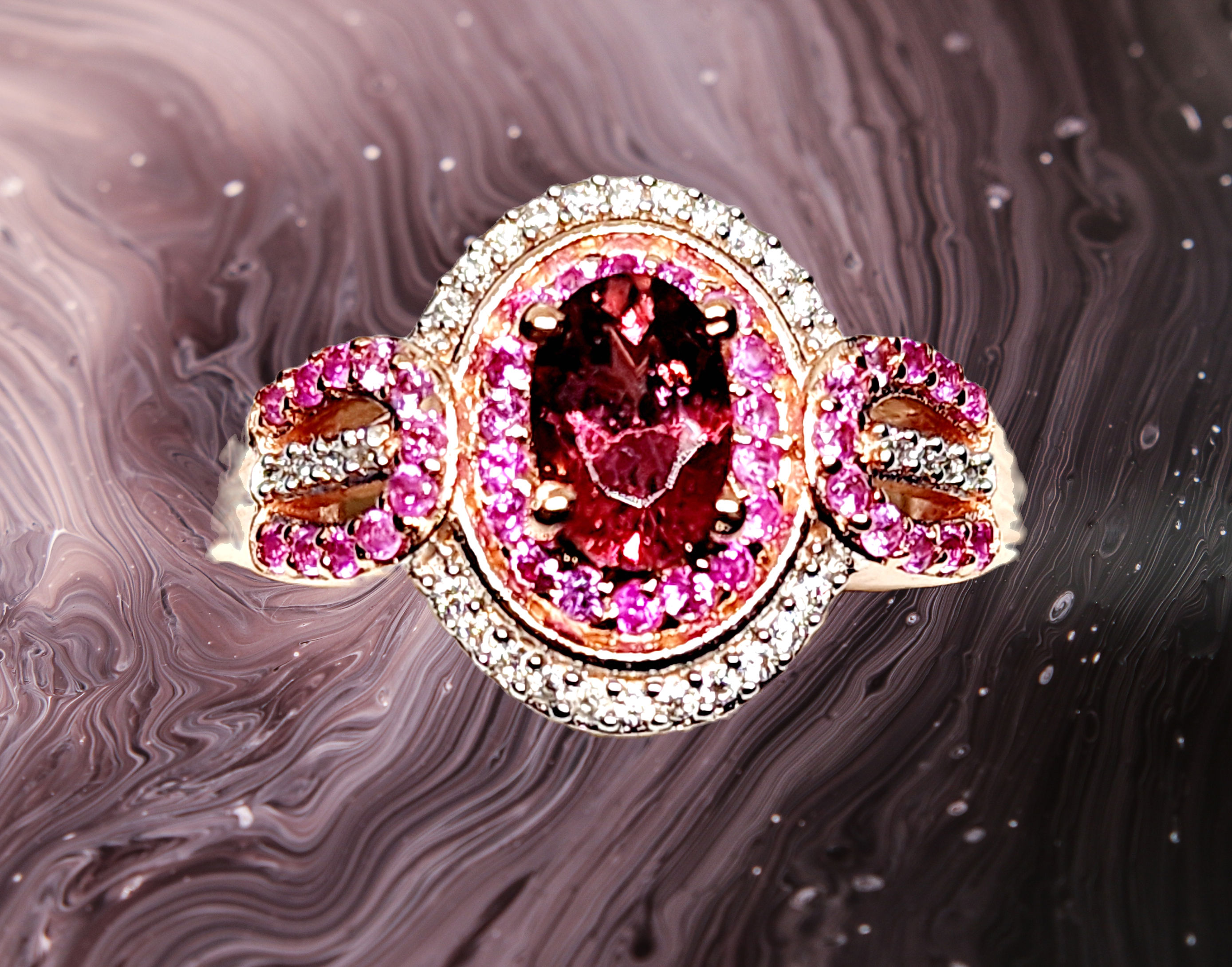 Rubellite Pink Sapphire & Moissanite Halo ring in 14k Rose Gold over 925 SS sz 5